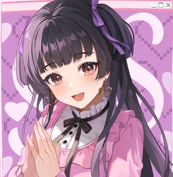 Anime picture 1412x1446 with idolmaster idolmaster shiny colors mayuzumi fuyuko cherng single long hair tall image looking at viewer blush open mouth black hair red eyes upper body :d fingernails two side up girl ribbon (ribbons) hair ribbon earrings