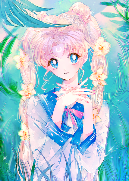 Anime picture 1000x1400 with bishoujo senshi sailor moon toei animation tsukino usagi ahma single long hair tall image fringe blue eyes blonde hair twintails looking away upper body nail polish parted lips hair flower sparkle hair bun (hair buns) crossed arms forehead mark