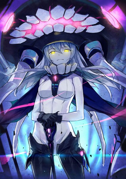 Anime picture 2480x3507 with kantai collection wo-class aircraft carrier jinyuan712 single long hair tall image looking at viewer fringe highres yellow eyes silver hair from below shinkaisei-kan girl gloves black gloves headdress bodysuit