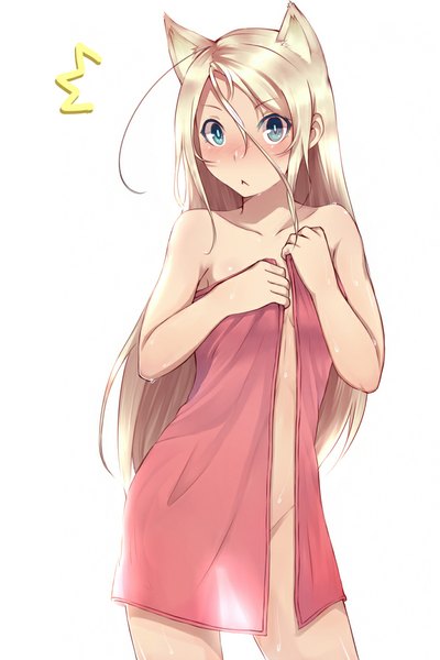 Anime picture 700x1050 with original ginichi (toot08) single long hair tall image looking at viewer blush blue eyes light erotic simple background blonde hair white background animal ears nude cat ears transparent :< see-through silhouette open towel girl