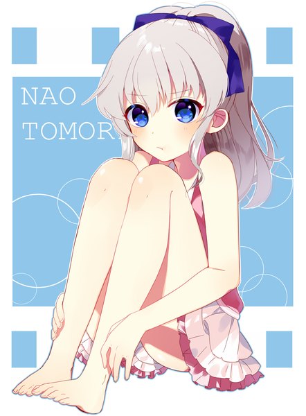 Anime picture 1385x1879 with charlotte p.a. works tomori nao mafuyu (chibi21) single long hair tall image looking at viewer blush fringe blue eyes sitting bare shoulders silver hair ponytail barefoot character names girl bow hair bow