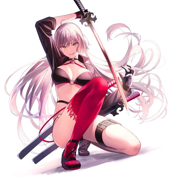 Anime picture 4017x4093 with fate (series) fate/grand order jeanne d'arc (fate) (all) jeanne d'arc alter (fate) jeanne d'arc alter (swimsuit berserker) (fate) lq saku single long hair tall image looking at viewer fringe highres breasts light erotic simple background smile hair between eyes white background holding yellow eyes