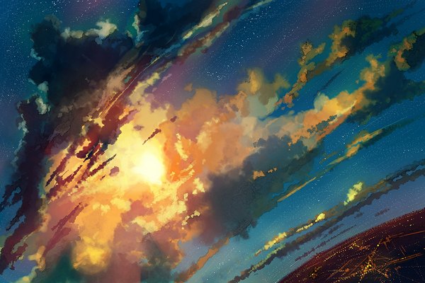 Anime picture 1000x667 with original yuumei sky cloud (clouds) night night sky city light cityscape no people star (stars)