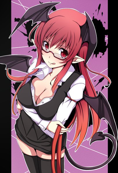 Anime picture 1042x1523 with touhou koakuma sawade single long hair tall image blush red eyes red hair tail :p head wings girl thighhighs skirt black thighhighs wings glasses skirt set suit