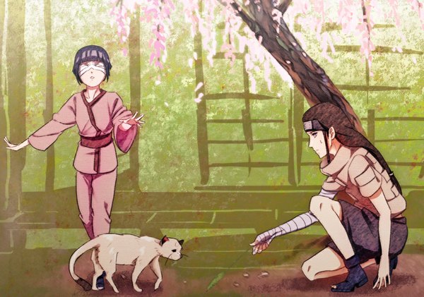 Anime picture 1000x702 with naruto studio pierrot naruto (series) hyuuga hinata hyuuga neji byakko (pict) long hair fringe short hair brown hair purple hair parted lips wide sleeves cherry blossoms walking traditional media watercolor (medium) bandage over eyes girl boy