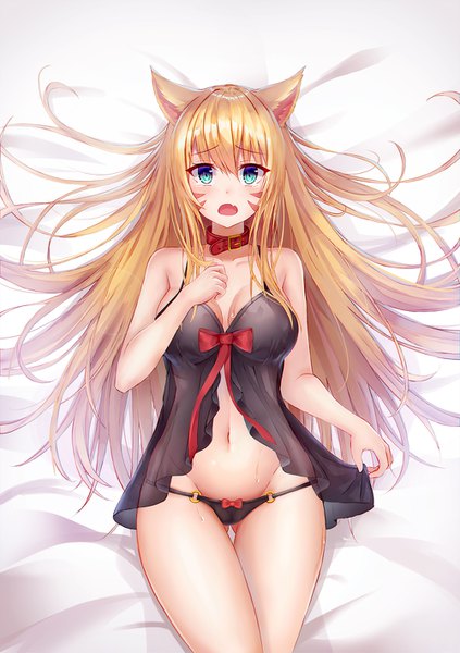 Anime picture 1000x1417 with original lkeris single long hair tall image looking at viewer blush fringe open mouth blue eyes light erotic blonde hair hair between eyes animal ears lying :o fang (fangs) sweat underwear only fox ears