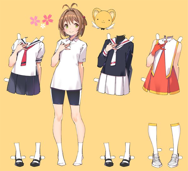 Anime picture 825x750 with card captor sakura clamp kinomoto sakura kero popqn single blush short hair simple background smile brown hair standing green eyes full body ahoge pleated skirt two side up hand on chest yellow background girl