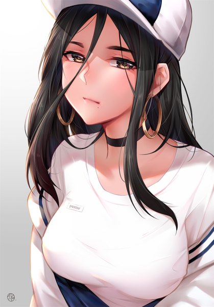 Anime picture 1200x1718 with original hua-j single long hair tall image looking at viewer blush fringe breasts black hair simple background hair between eyes large breasts brown eyes upper body grey background mole mole under mouth girl earrings