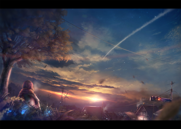 Anime picture 1280x912 with original ixaga single brown hair sitting looking away sky cloud (clouds) lens flare evening sunset letterboxed landscape scenic steam shooting star girl flower (flowers) plant (plants) tree (trees)