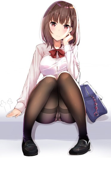 Anime picture 1000x1612 with original fay (fay axl) single tall image looking at viewer blush fringe short hair light erotic simple background hair between eyes red eyes brown hair white background sitting full body bent knee (knees) head tilt pantyshot pantyshot sitting