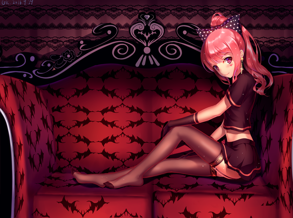 Anime picture 2727x2031 with original eiroyi single long hair looking at viewer fringe highres light erotic smile sitting signed payot pink hair full body bent knee (knees) ponytail pleated skirt pink eyes short sleeves midriff