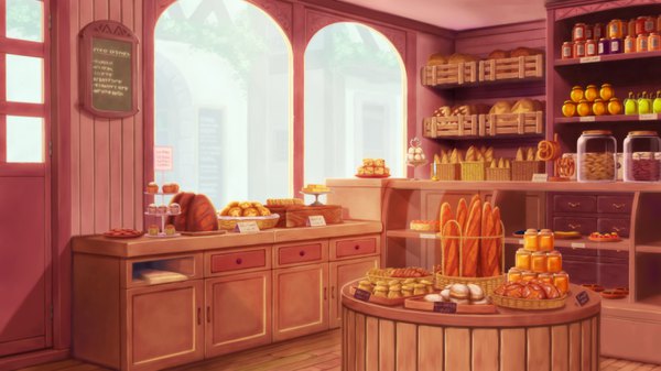 Anime picture 3072x1728 with original alba (little witches) highres wide image indoors no people food window sweets cookie (cookies) bread shop cupcake honey baguette pretzel