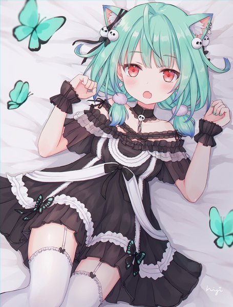 Anime picture 2252x2969 with virtual youtuber hololive uruha rushia uruha rushia (3rd costume) shano hiyori single tall image looking at viewer blush highres short hair open mouth red eyes twintails animal ears lying cat ears aqua hair on back low twintails