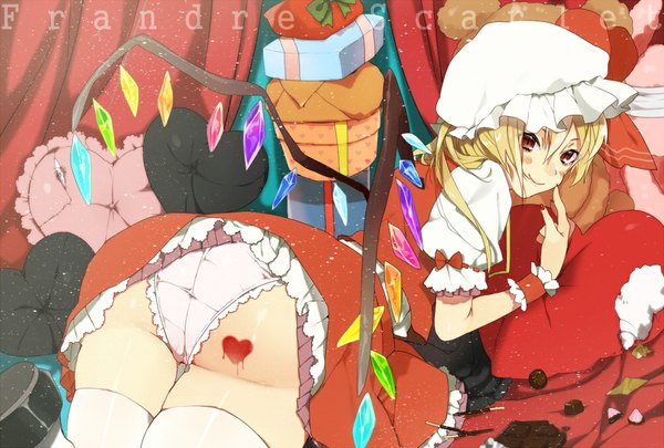Anime picture 1000x675 with touhou flandre scarlet yzh chan single blush short hair light erotic blonde hair smile red eyes ass girl thighhighs underwear panties white thighhighs wings food sweets bonnet