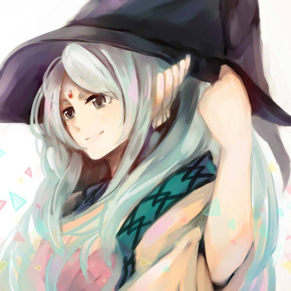 Anime picture 2216x2216 with magi the labyrinth of magic a-1 pictures yamuraiha single long hair highres white background silver hair pointy ears grey eyes girl witch hat