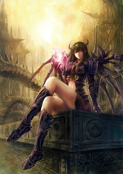 Anime picture 1500x2122 with original koukyou single long hair tall image brown hair sitting brown eyes horn (horns) crossed legs demon girl serious demon mechanical wings aura warrior girl gloves navel wings