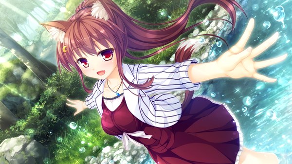 Anime picture 1920x1080 with world election whirlpool (studio) faura linans single long hair looking at viewer blush highres open mouth red eyes brown hair wide image animal ears game cg ponytail spread arms river girl dress plant (plants)