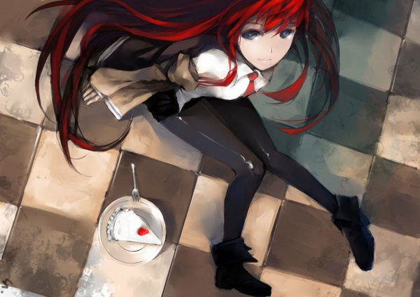 Anime picture 1024x725 with steins;gate white fox makise kurisu blueman single long hair looking at viewer sitting purple eyes red hair from above looking up checkered floor girl shirt pantyhose necktie food jacket shorts