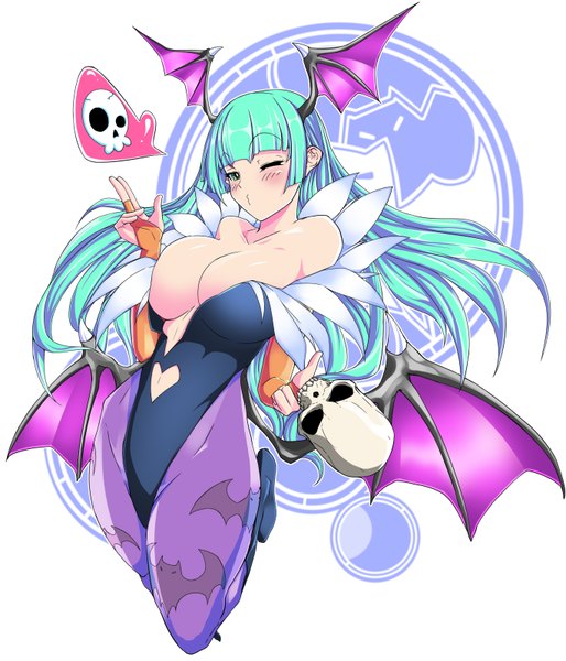 Anime picture 1370x1600 with vampire / darkstalkers (game) capcom morrigan aensland nikupizzau single long hair tall image looking at viewer breasts light erotic white background bare shoulders green eyes blue hair one eye closed wink huge breasts head wings vampire girl