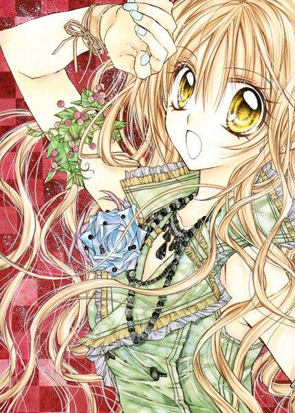 Anime picture 1572x2200 with shinshi doumei cross otomiya haine tanemura arina single long hair tall image looking at viewer fringe open mouth blonde hair yellow eyes nail polish fingernails sleeveless wavy hair checkered girl flower (flowers) frills rose (roses)