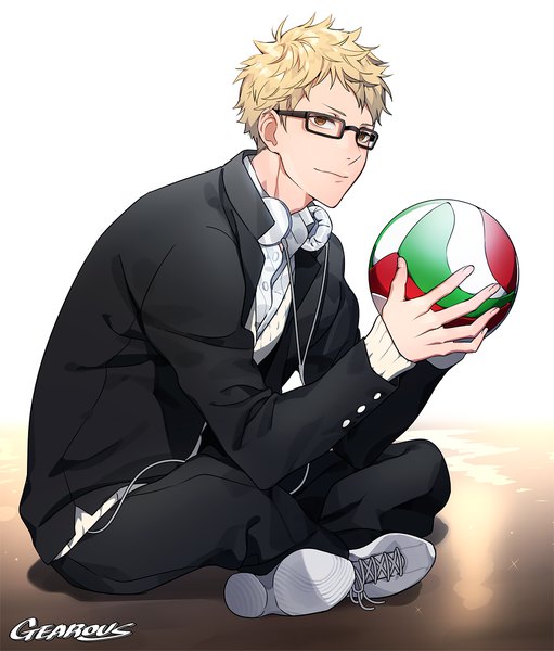 Anime picture 900x1057 with haikyuu!! production i.g tsukishima kei gearous single tall image looking at viewer short hair simple background blonde hair white background sitting holding brown eyes signed full body light smile soles lacing headphones around neck