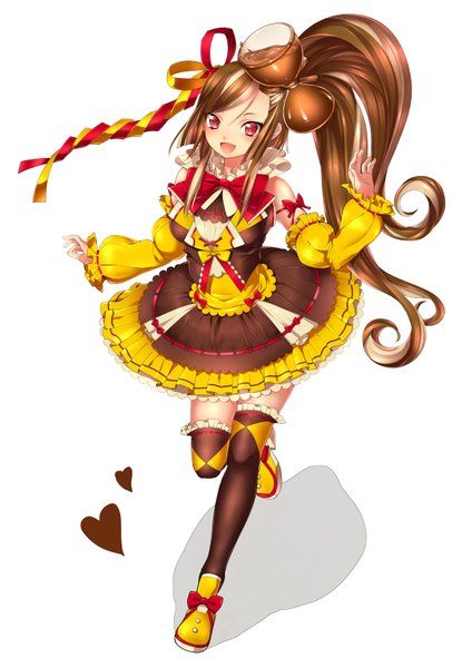 Anime picture 1200x1697 with yukijirushi yukiko-tan yamaki suzume single long hair tall image looking at viewer blush open mouth simple background red eyes brown hair white background ponytail girl thighhighs dress hair ornament bow black thighhighs