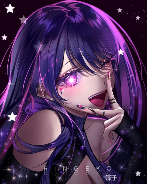 Anime picture 4000x5000 with oshi no ko hoshino ai (oshi no ko) ringeko-chan single long hair tall image looking at viewer blush fringe highres open mouth simple background smile bare shoulders signed absurdres purple hair upper body long sleeves nail polish