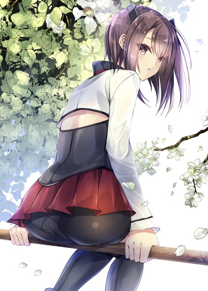 Anime picture 1110x1553 with kantai collection taihou armored aircraft carrier kobayashi chisato single tall image looking at viewer fringe short hair light erotic brown hair sitting brown eyes ass looking back :o pantyshot pantyshot sitting tree sitting girl underwear