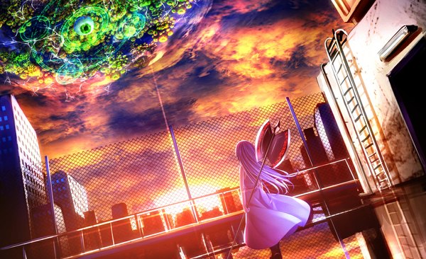 Anime picture 1146x700 with original haru (ryosios) ryosios long hair wide image pink hair from behind city evening reflection sunset fantasy girl dress weapon boots monster polearm axe chain-link fence