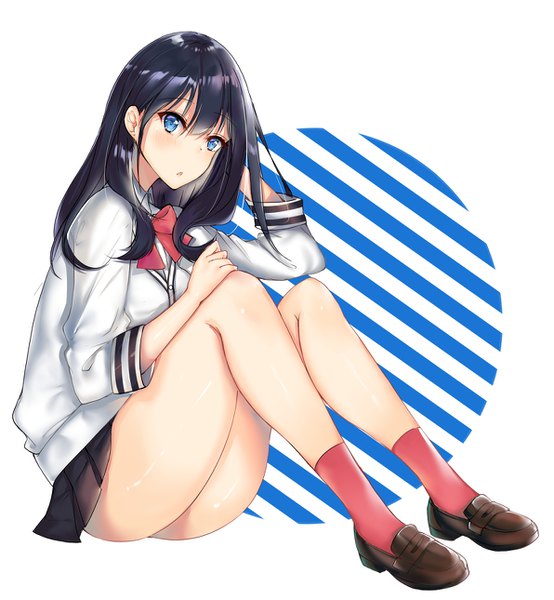 Anime picture 1192x1290 with gridman universe ssss.gridman studio trigger takarada rikka dongye single long hair tall image looking at viewer blush fringe blue eyes light erotic black hair simple background hair between eyes white background sitting full body bent knee (knees)