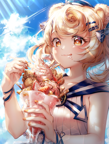 Anime picture 2800x3700 with arknights gummy (arknights) gummy (summer flowers) (arknights) menna (0012) single long hair tall image looking at viewer blush fringe highres blonde hair smile twintails holding animal ears sky cloud (clouds) upper body outdoors