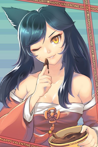 Anime picture 640x960 with league of legends ahri (league of legends) dakun87 (artist) single long hair tall image looking at viewer black hair bare shoulders animal ears yellow eyes one eye closed wink fox girl valentine girl detached sleeves food sweets chocolate