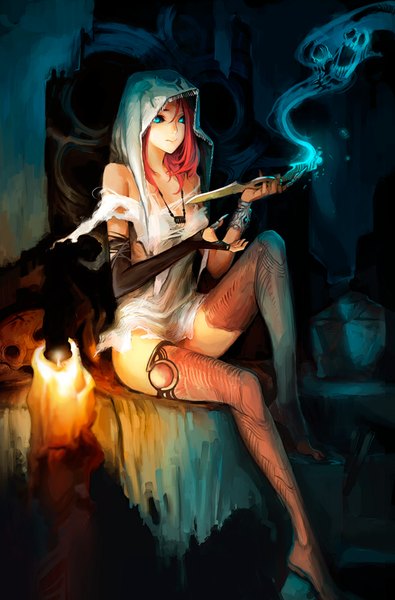 Anime picture 600x910 with original asuka111 single long hair tall image looking at viewer fringe blue eyes sitting pink hair bent knee (knees) ghost glow girl thighhighs weapon choker hood necklace fire