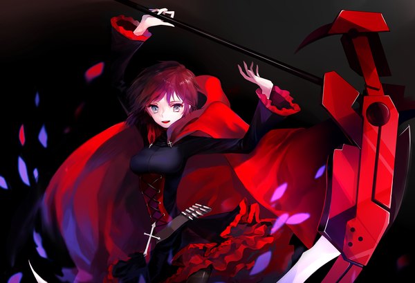 Anime picture 1500x1023 with rwby rooster teeth ruby rose mo (mocopo) single looking at viewer short hair open mouth purple eyes red hair girl dress weapon cross scythe
