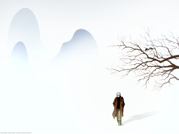 Anime picture 1600x1200 with mushishi ginko single short hair white background silver hair snow walking boy coat branch
