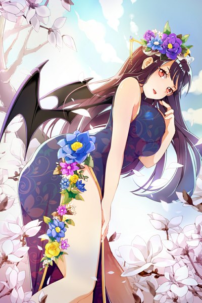 Anime picture 740x1110 with devil maker suhu single long hair tall image looking at viewer fringe breasts open mouth red eyes brown hair bare shoulders sky cloud (clouds) hair flower sunlight from below leaning leaning forward floral print