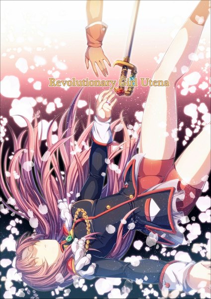 Anime picture 1500x2117 with revolutionary girl utena j.c. staff tenjou utena himemiya anthy mika (1020mk) single long hair tall image pink hair eyes closed legs tears falling girl uniform weapon sword shorts ring military uniform