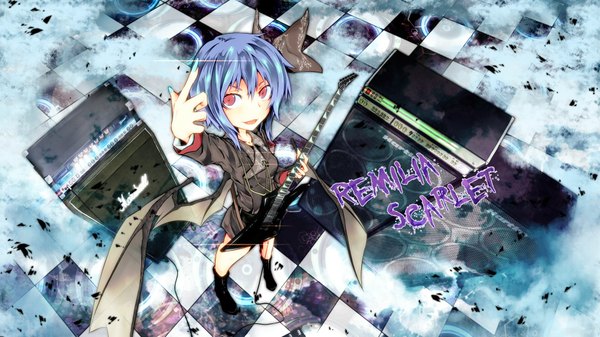 Anime picture 1920x1080 with touhou remilia scarlet irue (artist) single highres short hair open mouth red eyes wide image blue hair checkered floor girl bow hair bow musical instrument guitar speakers