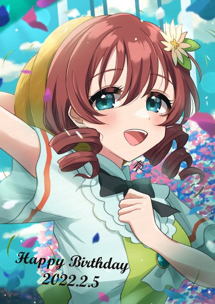 Anime picture 2122x3000 with love live! nijigasaki high school idol club sunrise (studio) love live! emma verde kyaku tatsu single tall image looking at viewer blush fringe highres short hair breasts open mouth smile hair between eyes sky cloud (clouds) red hair :d