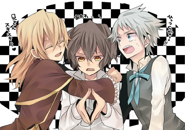 Anime picture 1169x826 with pandora hearts xebec gilbert nightray vincent nightray eliot nightray long hair fringe short hair open mouth black hair blonde hair yellow eyes eyes closed aqua eyes multiple boys sweat sweatdrop open collar checkered background boy