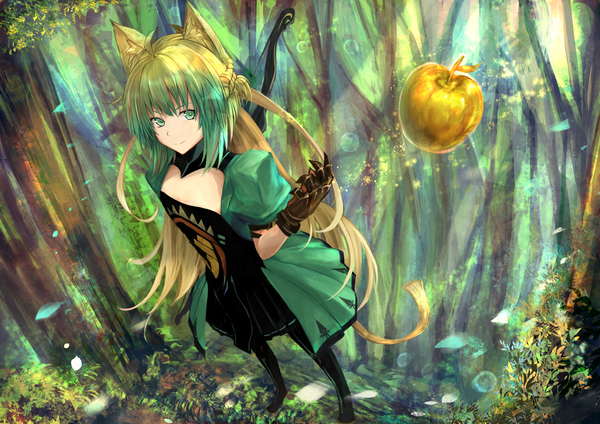 Anime picture 2456x1736 with fate (series) fate/grand order fate/apocrypha atalanta (fate) kaze minoru so-ru single long hair looking at viewer highres smile brown hair green eyes animal ears full body ahoge tail animal tail multicolored hair green hair cat ears