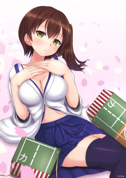 Anime picture 707x1000 with kantai collection kaga aircraft carrier kirimoti34 single long hair tall image looking at viewer blush breasts light erotic brown hair green eyes cleavage ponytail lying on back side ponytail girl thighhighs skirt