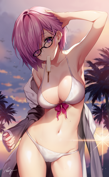 Anime-Bild 800x1292 mit fate (series) fate/grand order mash kyrielight mash kyrielight (swimsuit of perpetual summer) necomi (gussan) single tall image looking at viewer blush fringe short hair breasts light erotic large breasts standing bare shoulders holding signed pink hair sky
