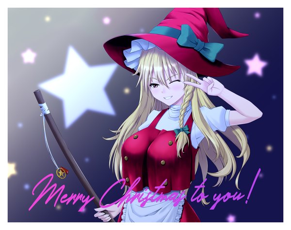 Anime picture 1900x1500 with touhou kirisame marisa vision (artist) single long hair highres breasts blonde hair smile red eyes large breasts braid (braids) one eye closed wink short sleeves border victory christmas side braid double buttons