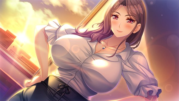 Anime picture 1280x720 with hitozuma netori-ya tatara yuuki skyhouse single long hair looking at viewer blush breasts light erotic smile brown hair wide image large breasts purple eyes game cg evening sunset hands on hips girl shirt