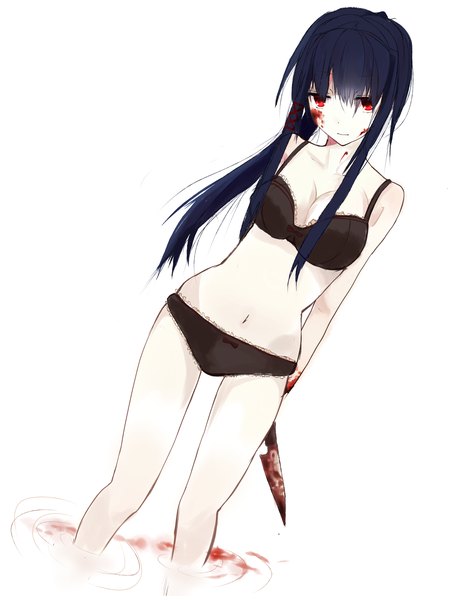 Anime picture 2172x2888 with original akai ringo (eveyuno) long hair tall image looking at viewer fringe highres breasts light erotic simple background red eyes large breasts standing white background bare shoulders blue hair ponytail bare legs bare belly underwear only