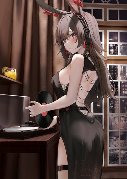 Anime picture 3555x5023 with arknights april (arknights) ru zhai single long hair tall image looking at viewer blush fringe highres breasts blue eyes hair between eyes brown hair standing holding animal ears absurdres indoors tail