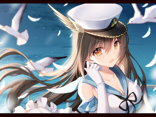 Anime picture 1920x1440 with warship girls r bison cangshu single long hair looking at viewer fringe highres breasts open mouth hair between eyes brown hair large breasts yellow eyes cleavage arm up wind girl gloves ribbon (ribbons) animal