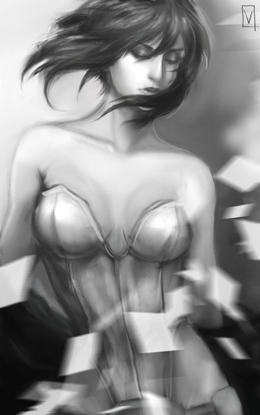 Anime picture 642x1024 with ghost in the shell production i.g kusanagi motoko valeri single tall image fringe short hair breasts light erotic standing bare shoulders cleavage eyes closed parted lips wind lips blurry realistic shadow