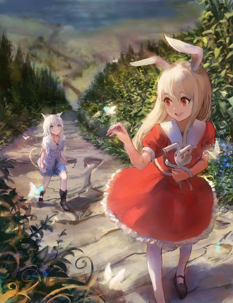 Anime picture 1200x1559 with original pixiv fantasia pixiv fantasia revenge of the darkness sishenfan long hair tall image short hair open mouth blue eyes blonde hair red eyes multiple girls animal ears looking away bent knee (knees) white hair tail :d animal tail arm up